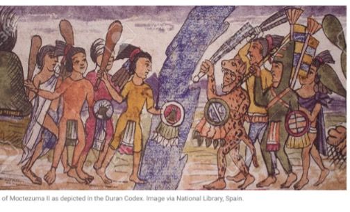 troops of Moctezuma II as depicted in the Duran Codex. Image via National Library, Spain.