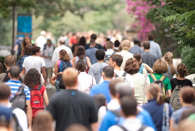 Crowded path filled with students on Georgetown campus