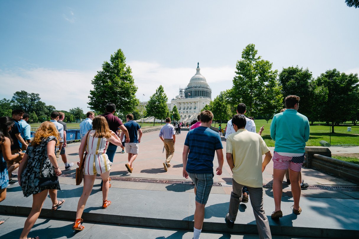 Georgetown students walking towards the capitol building in Washington D.C.