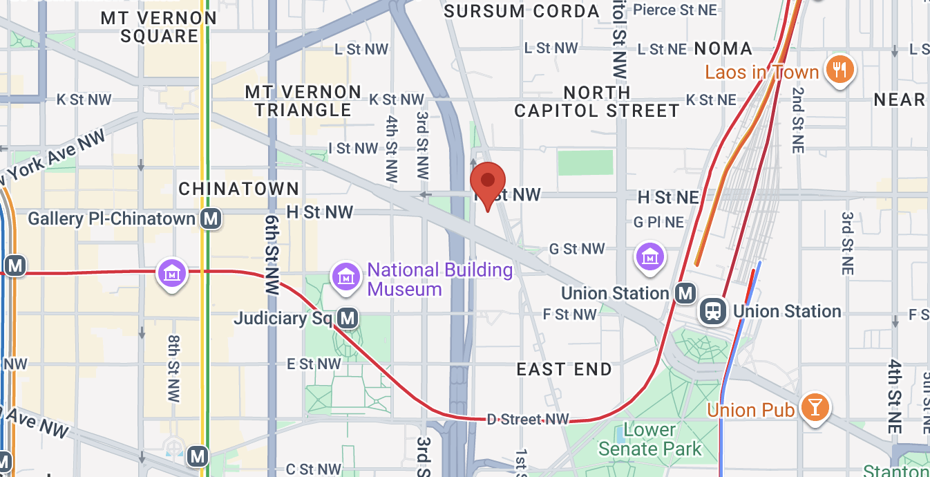 Map of downtown Washington, DC showing a red location pin near H Street NW between Chinatown and Union Station. Pin is the SCS building location at 111 Mass Ave.