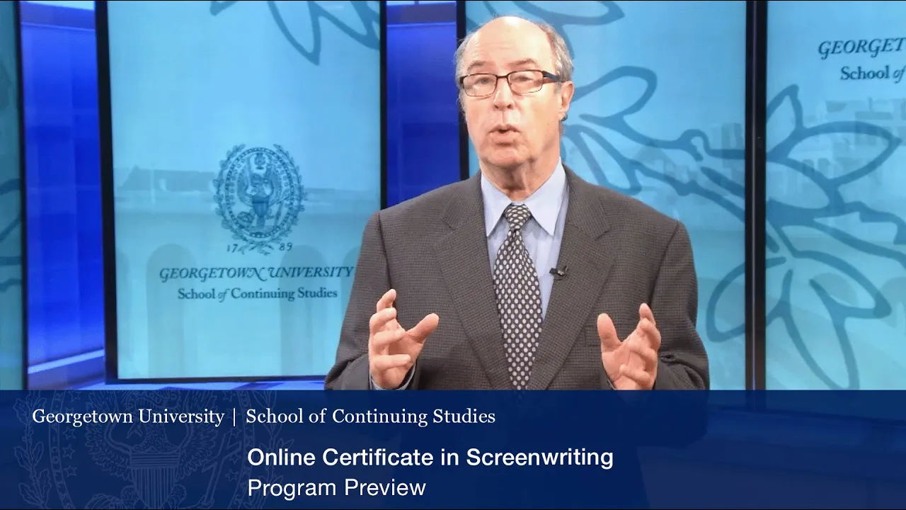 A speaker presents in a studio setting for Georgetown University’s School of Continuing Studies. A banner identifies the program as the Certificate in Screenwriting Program Preview.