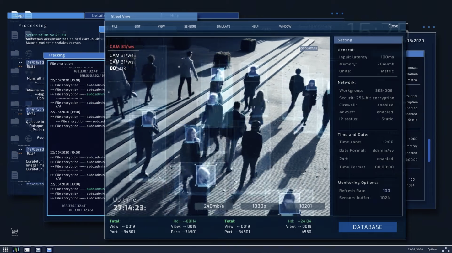 Computer surveillance interface displaying an overhead view of pedestrians walking through a public space.