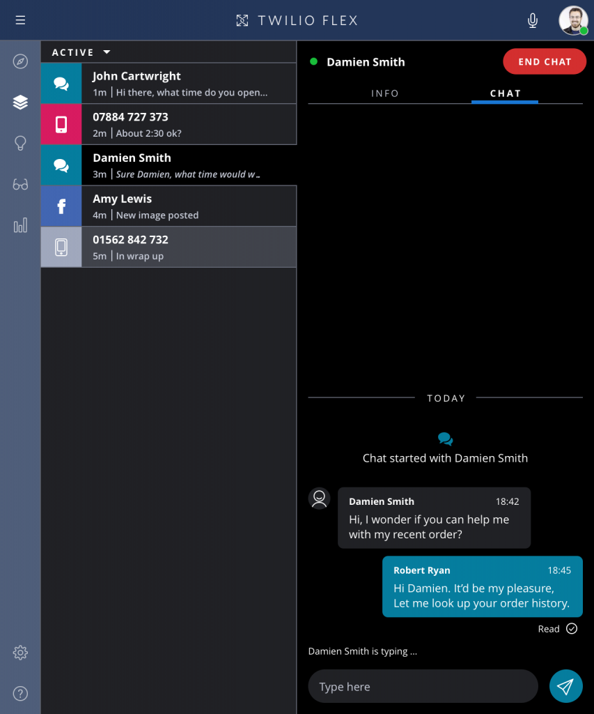 Screen shot of Twilio flex CRM with incoming clients messages from multiple channels but one chat screen
for staff