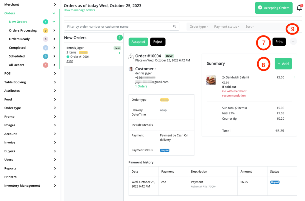 merchant new orders print and add items