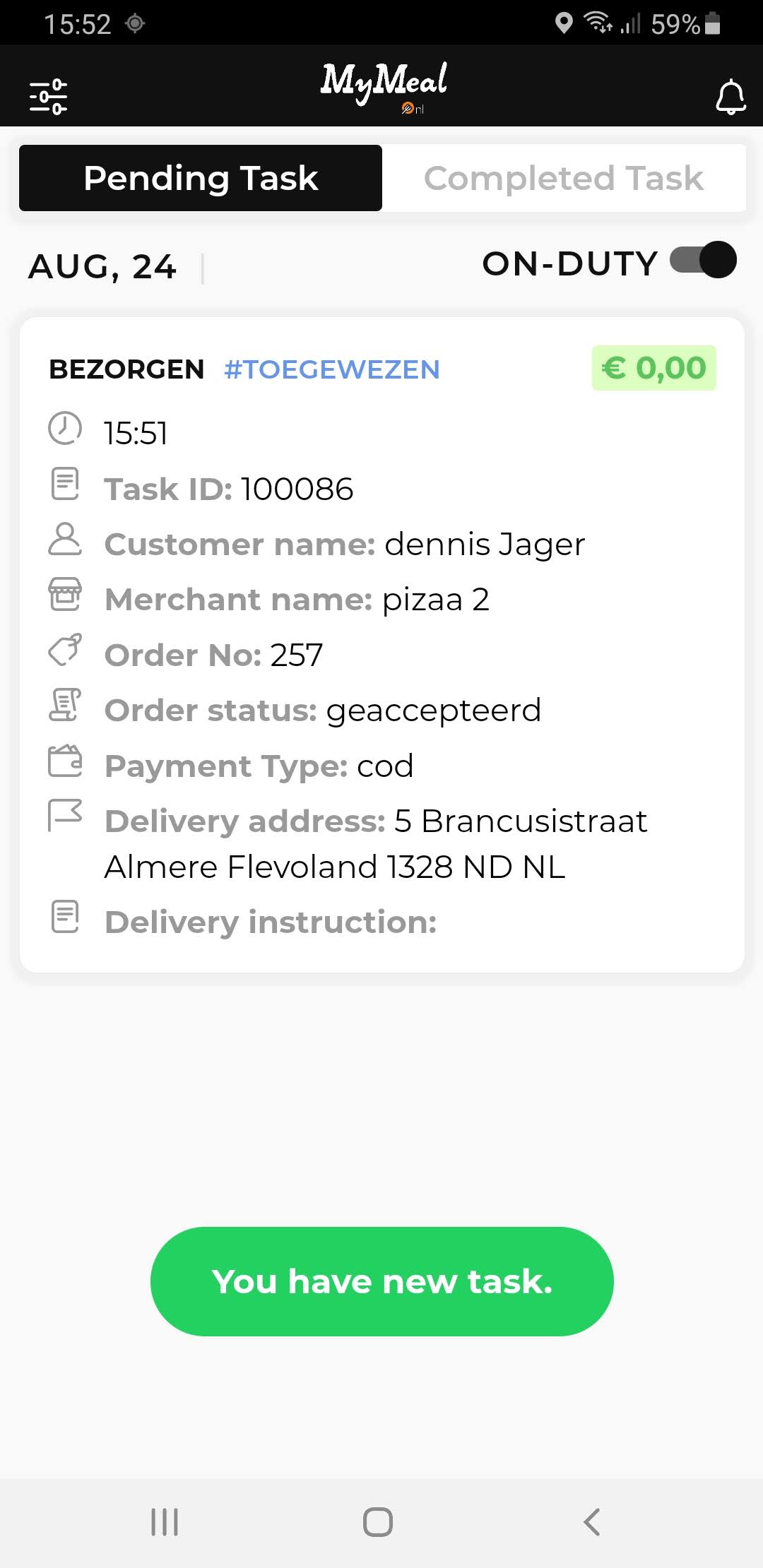 bezorger ontvangt bestelling als taak -MyMeal Logstics app