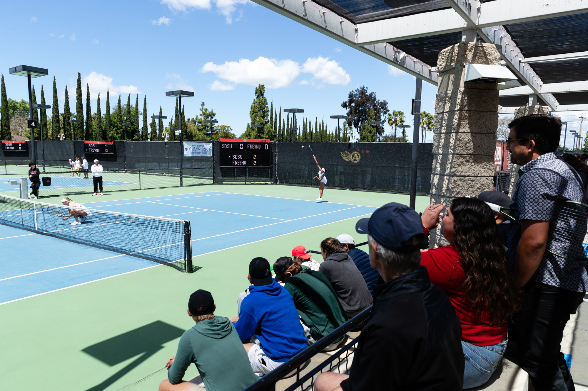14 April 2024: San Diego State women’s tennis closed out their regular season home schedule with a 4-1 win against Fresno State Sunday afternoon at the Aztec Tennis Center. (Credit: Derrick Tuskan/San Diego State)