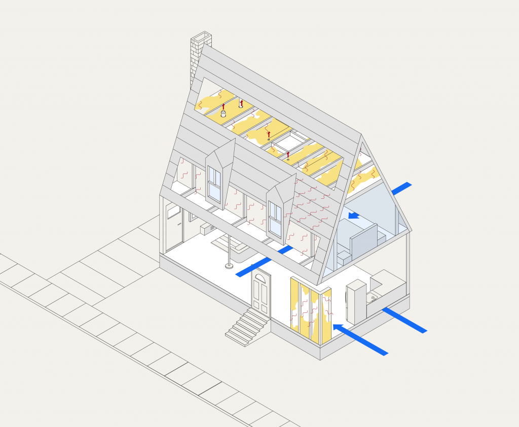 illustration of a cape cod style house with a devil's peak attic and knee wall attics