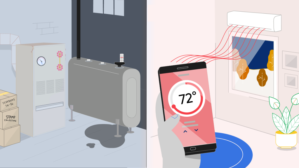 illustration of old heating systems in basement vs. new heat pump heater in living area