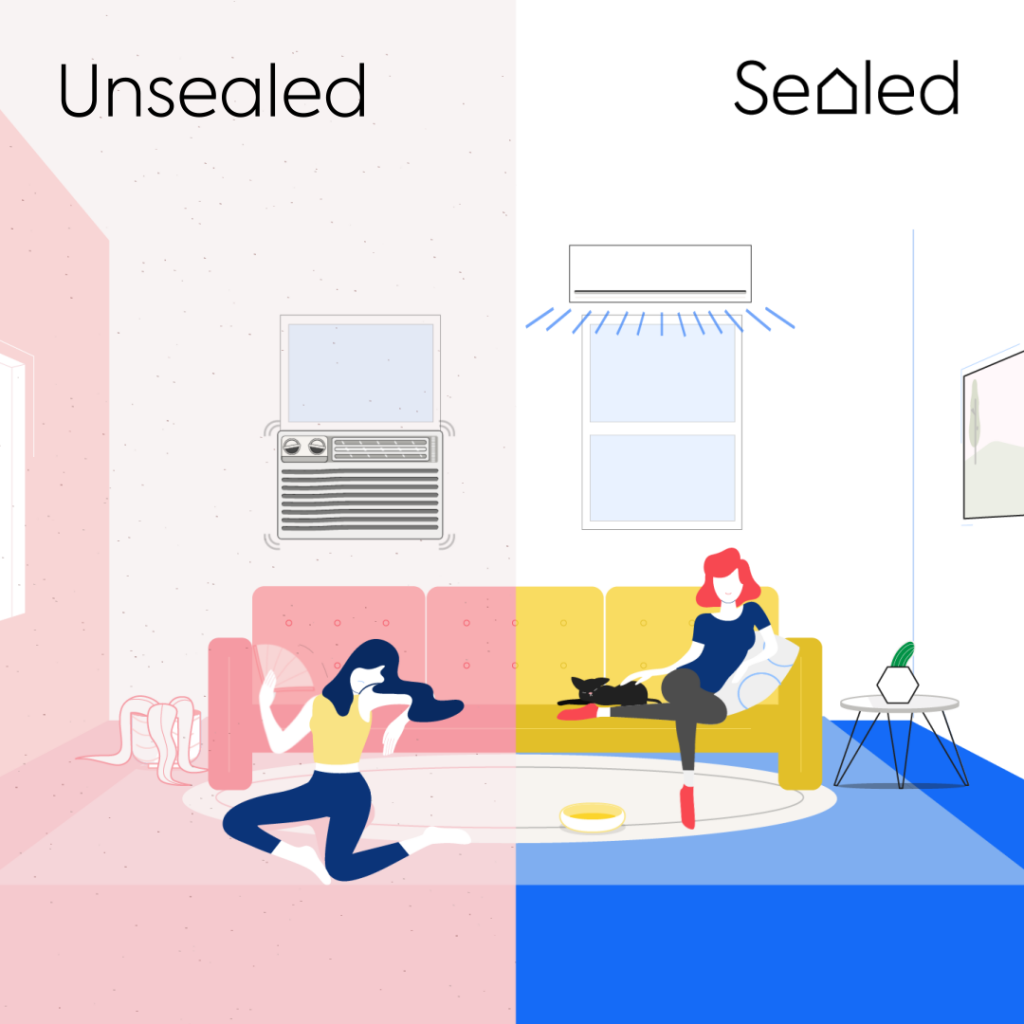 illustration of two women, one hot and uncomfortable with a broken AC and one comfortable with Sealed