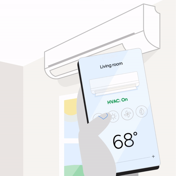 gif animation of illustrated heat pump cooling a room controlled with a smartphone