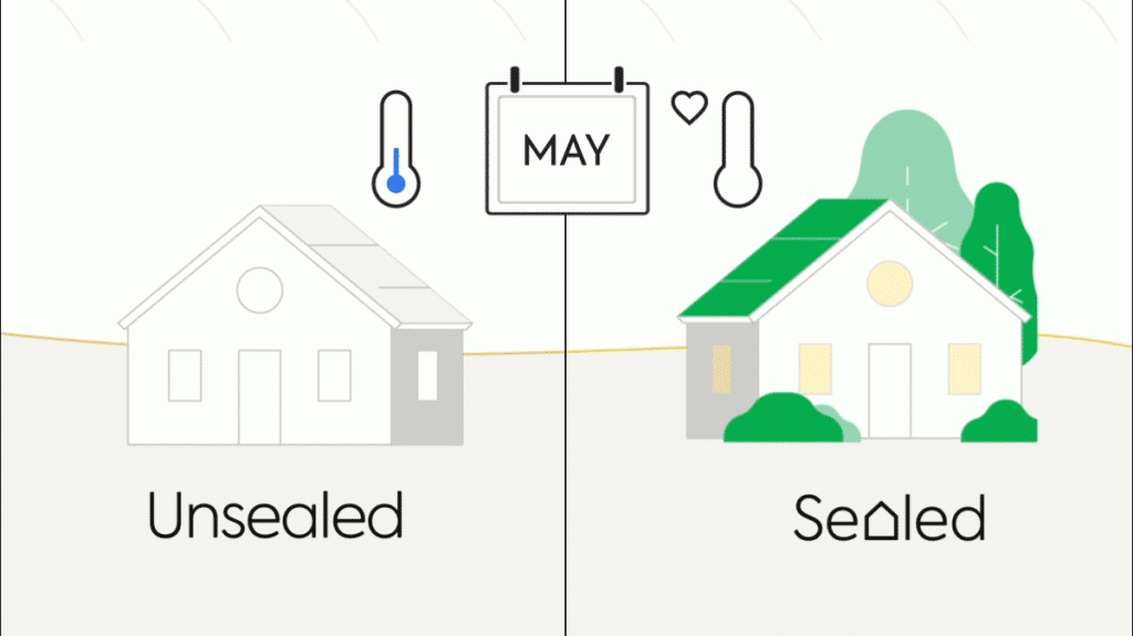 Illustration shoring an unsealed house vs. a sealed house in the humid month of May.