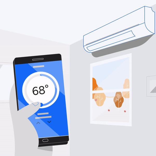 GIF illustration of Mini split air source heat pump controlled by smart phone in Autumn