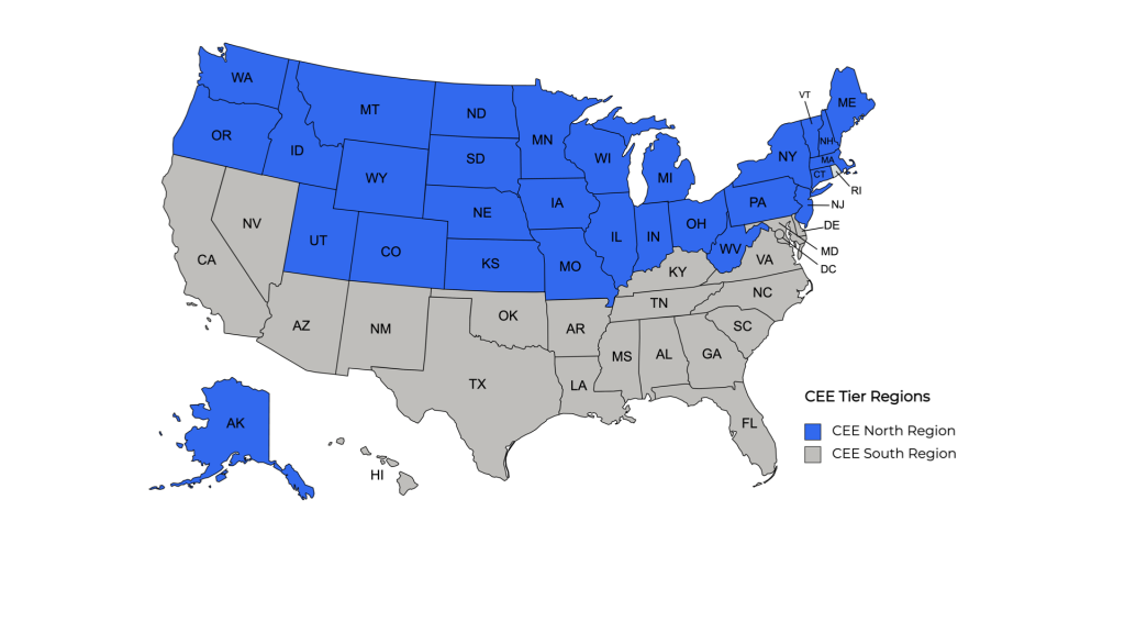 Map of USA with color coding for CEE tier regions for heat pump tax credit