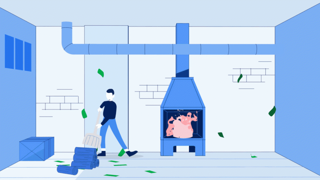 illustrated GIF of a man in basement burning money in his furnace to pay for propane home heating in blue and grey tones