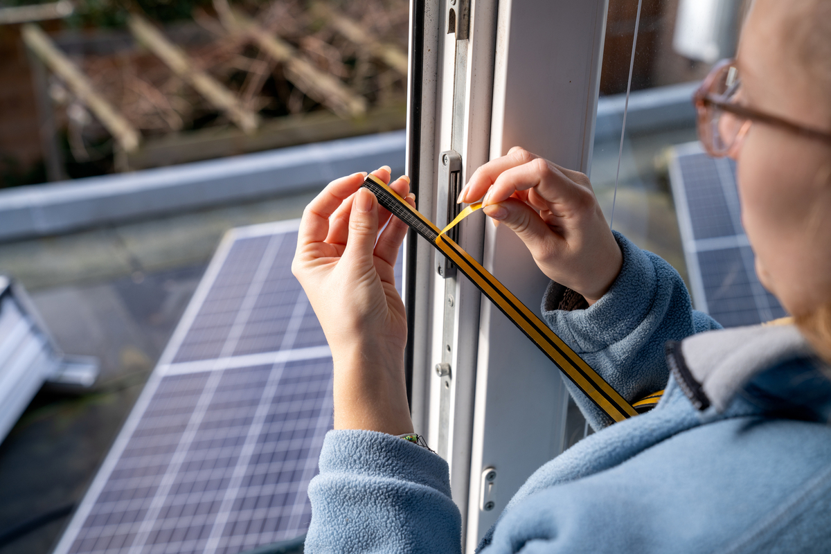 woman weatherstripping her doors with solar panels on roof