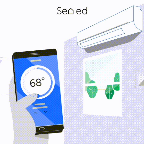 Illustrated GIF of a mini split AC heat pump being used to cool and heat a home