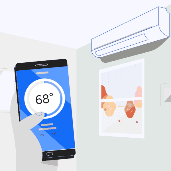 illustration of a mini split heat pump response to thermostat app on phone