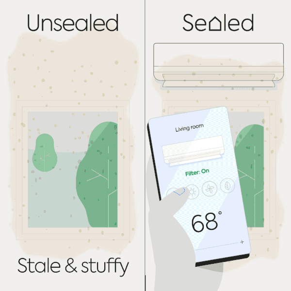 Illustrated GIF of a heat pump HVAC filtering the air in a house.