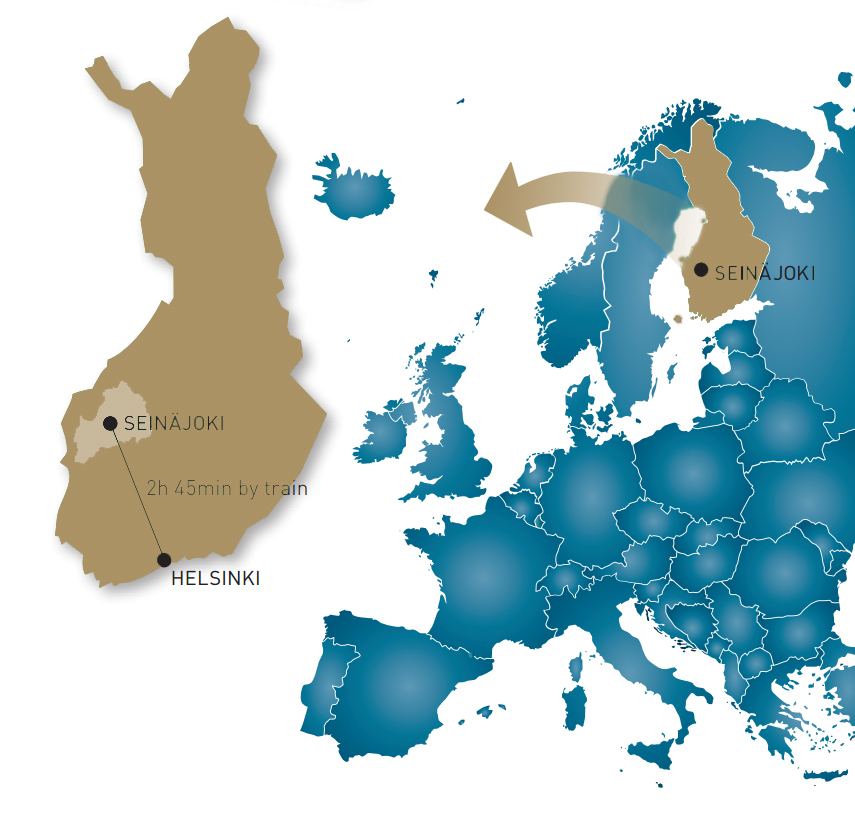 Map of Europe, where Finland and city of Seinäjoki pinpointed.