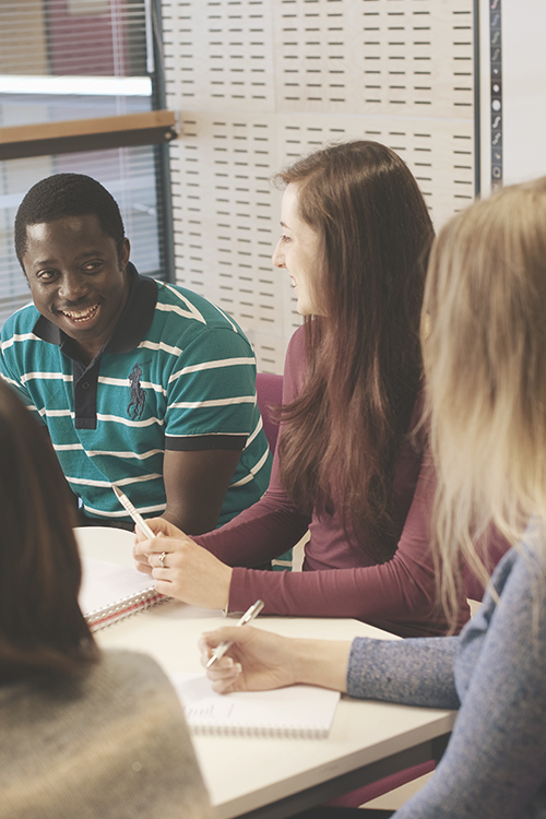 A group of students working together in a team box at Frami Campus.