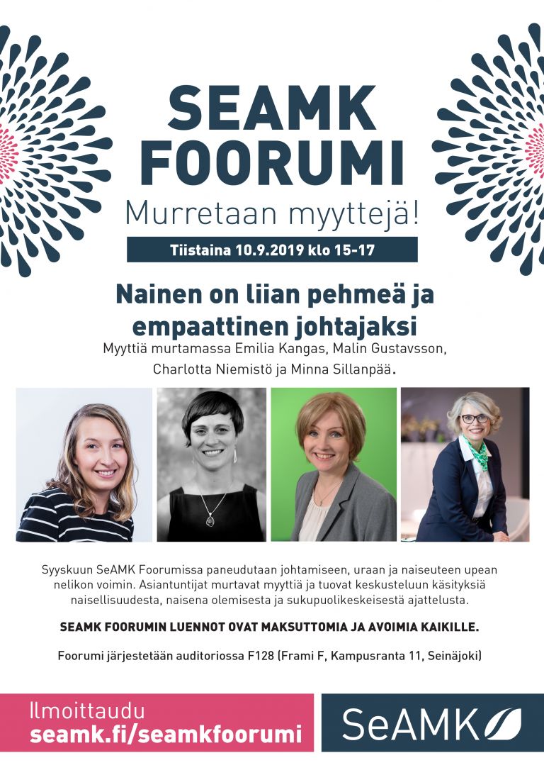 Mainosjuliste, SeAMK Foorumi 10. syyskuuta, Emilia Kangas, Malin Gustavsson, Minna Sillanpää, Charlotta Niemistö