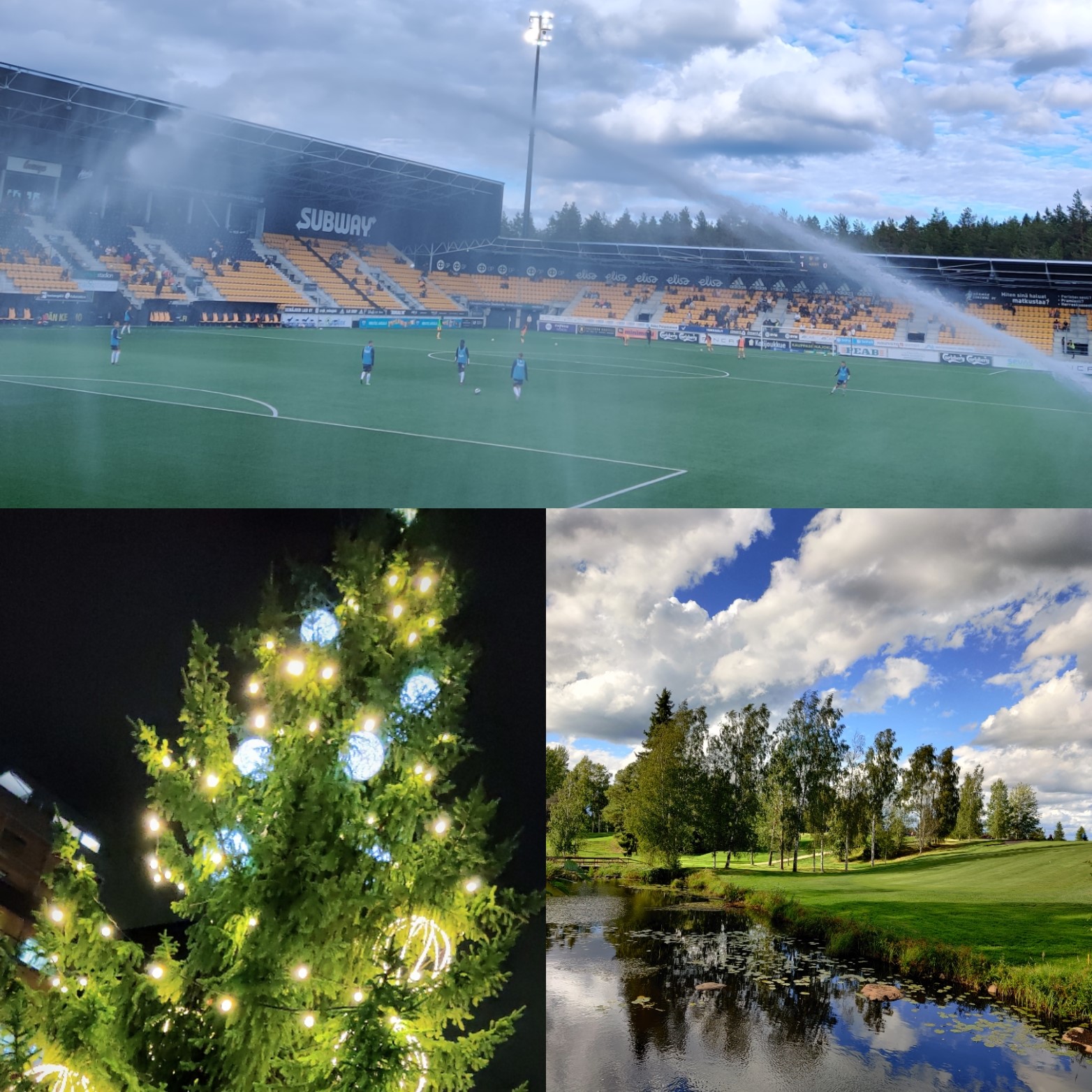 Kuvassa ylhäällä on OmaSp stadion, alhaalla vasemmalla Keskustorin joulukuusi viime vuodelta ja oikealla alhaalla kuva Ruuhikosken golfkentältä