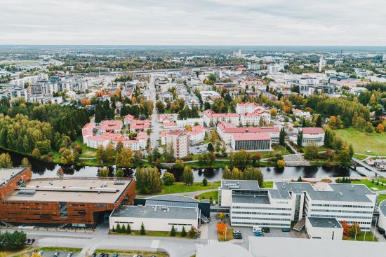 Aerial view of Frami campus and Marttilan kortteeri student housing area.