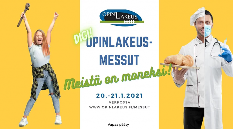 Opinlakeus-messujen markkinointikuva. Keltaisella tausta mies ja nainen työasuissa.