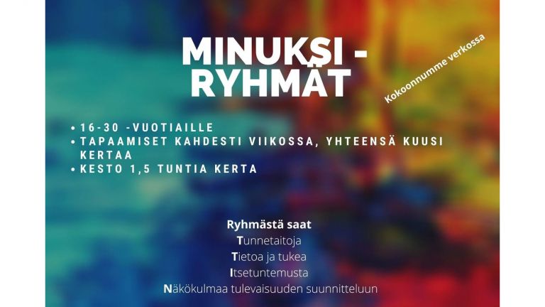 Monivärisellä taustalla valkoisella teksti Minuksi-ryhmät.