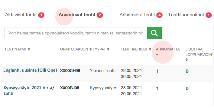 Arviointi löytyy Arvioitavat tentit-välilehdeltä.