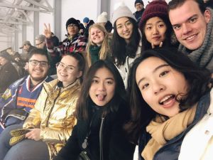 A group of students watching an ice hockey game.