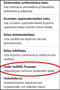 Uutta SeAMK-Finnassa löytyy Hakutoiminnot-valikosta.