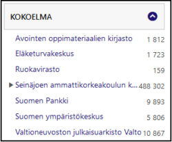 SeAMK-Finnan Rajaa hakua -valikon Kokoelma-listaus.