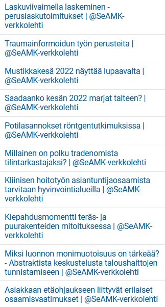 Top 10 luetuinta artikkelia @SeAMK-lehdessä tammi-kesäkuussa 2022. (Lähde: Google Analytics)