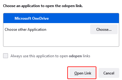 Valitaan Microsoft OneDrive ja sen jälkeen Open Link-painike