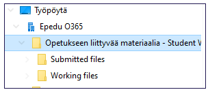 Submitted files ja Working files näkyvät Resurssienhallinnassa Tiimin nimen alla