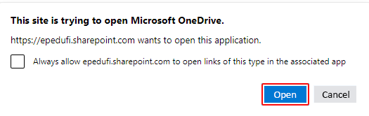 This site is Trying to open Microsoft OneDrive valintaikkunasta valitaan Open