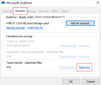 Synkronoinnin lopettaminen Account välilehden Stop sync valinnalla