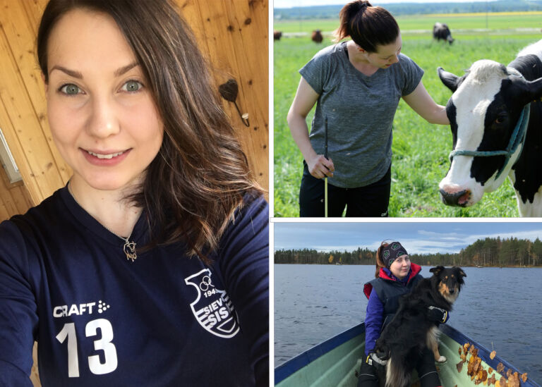 Yhdistelmä kolmesta kuvasta, joissa tummahiuksinen nuori nainen hymyilee kameralle, silittää lehmää ja on veneessä koiran kanssa.