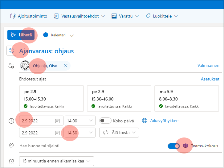 Varaukseen täydennettäviä tietoja mm. otsikko, vastaanottaja, päiväys ja kellonaika