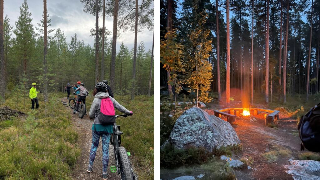 Pyöräilijöitä maastossa ja toisessa kuvassa nuotiopaikka.