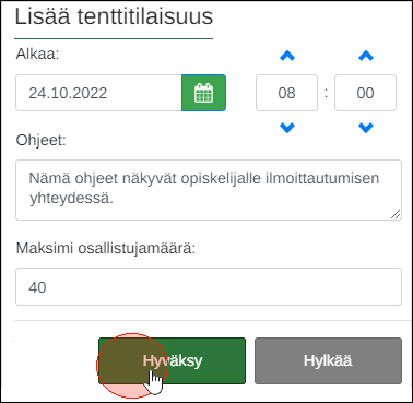 Kuvakaappaus tenttitilaisuuden ajan, ohjeiden ja maksimi osallistujamärän määrittämisestä.