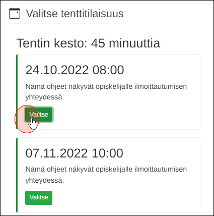 Kuvakaappaus tarjolla olevista tenttitailisuuksista.