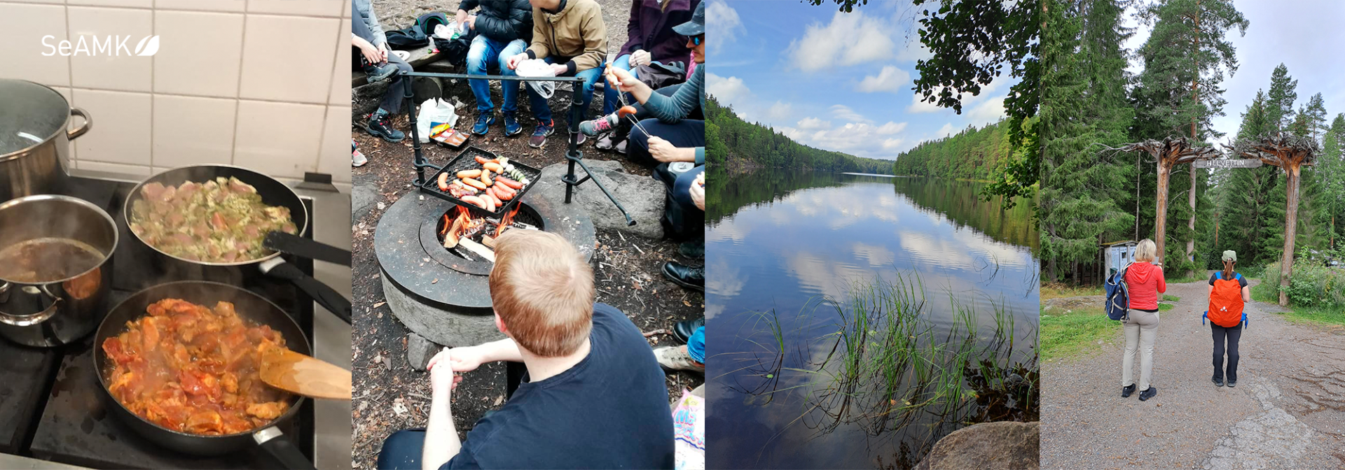 Kuvakollaasissa ruokakattiloita hellalla, ihmisiä nuotion ympärillä, kesäinen järvimaisena, patikoijia metsässä.