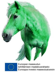 Vihreä hevonen ja sen alapuolella Eu:n lippu tekstin kera Euroopan maaseudun kehittämisen maatalousrahasto.