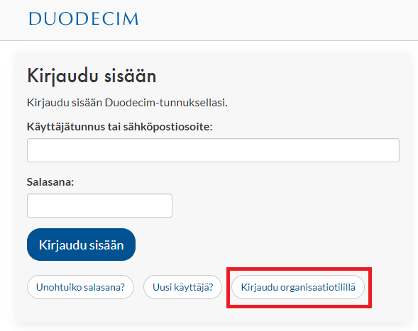 Duodecimin kirjautumisikkuna jossa pitää valita "Kirjaudu organisaatiotilillä.