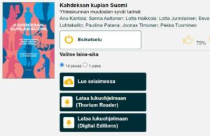 Näkymä e-kirjan lukuvaihtoehdoista Ellibs-palvelussa. Vaihtoehdot ovat lue selaimessa, lataa Thorium Reader -lukuohjelmaan tai lataa Digital Editions -lukuohjelmaan.