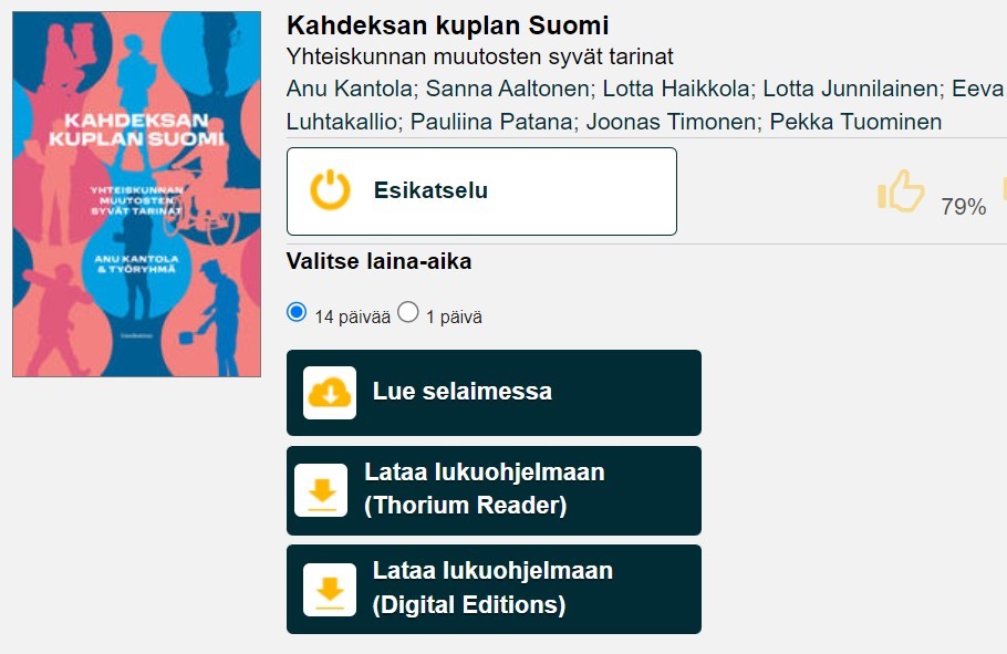 Näkymä e-kirjan lukuvaihtoehdoista Ellibs-palvelussa. Vaihtoehdot ovat lue selaimessa, lataa Thorium Reader -lukuohjelmaan tai lataa Digital Editions -lukuohjelmaan.