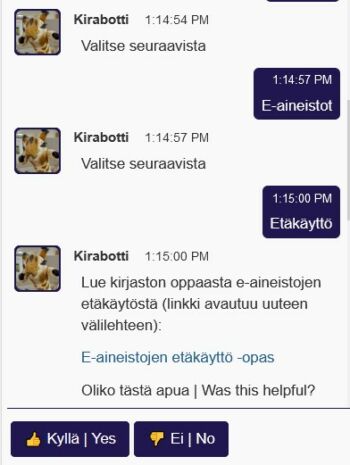 Kirabotti-vastaus e-aineistojen etäkäyttöön.