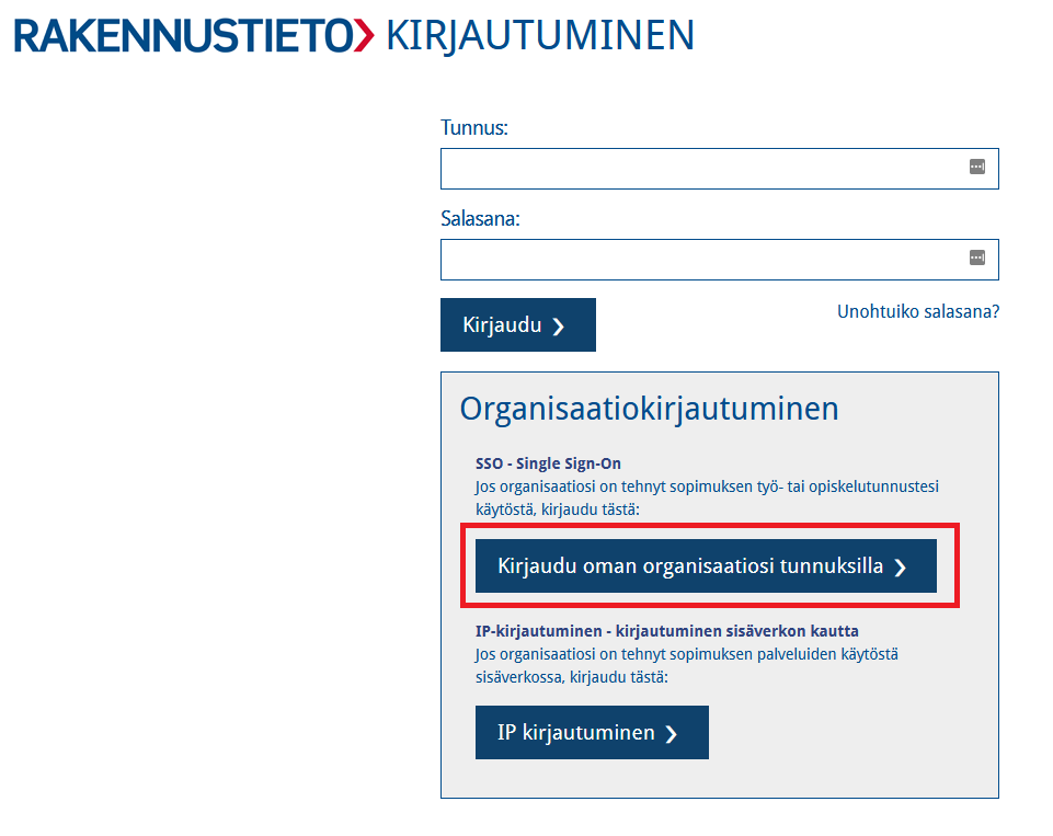 RT-tietoväylän kirjautumisikkuna josta pitää valita Kirjaudu oman organisaation tunnuksilla.